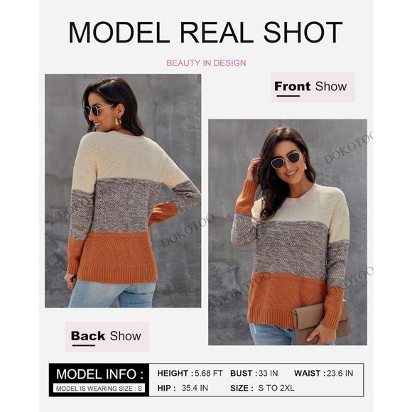Womens Color Block Sweaters Long Sleeve Crewneck Pullover Knit Jumper Tops - Picture 4 of 6
